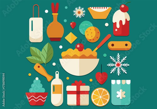 A festive flat lay of christmas and winter holiday icons, including sweets, gifts, and decorations for a joyful season