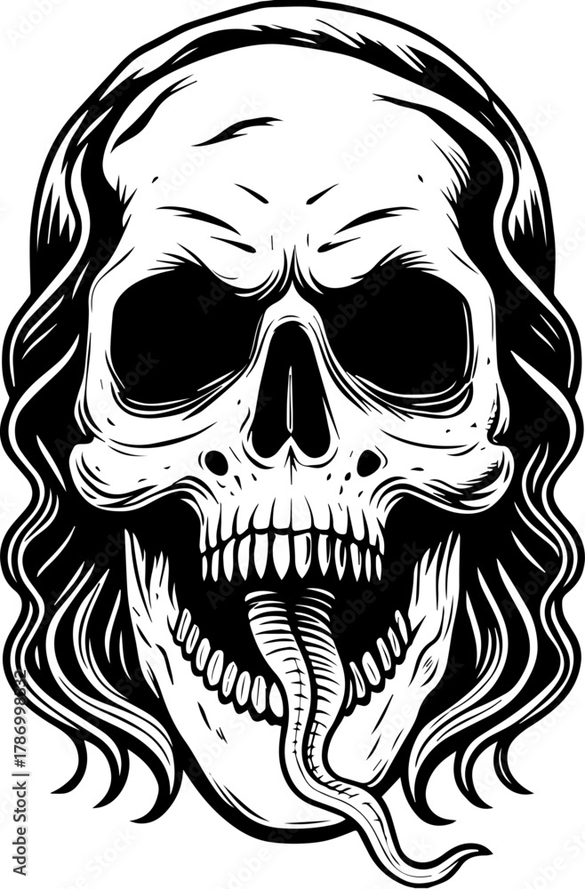 Fototapeta premium SVG skull horror dark toxic art design. Black and White Skull with Snake and Long Hair Artistic Illustration