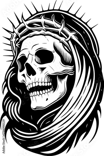 SVG skull horror dark toxic art design. Skull in Crown of Thorns with Dark Hair and Radiant Background