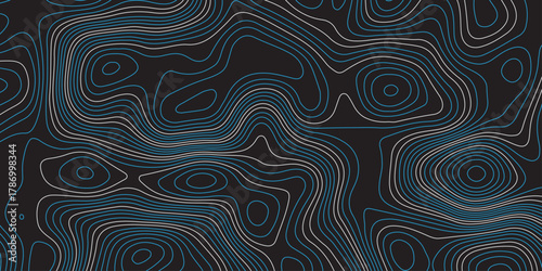 Abstract topographic map pattern with smooth contour lines in dark tones. Modern digital background design with wavy geographic curves, stylish elevation texture for creative projects.
