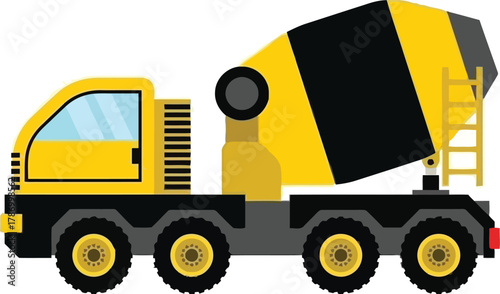 Flat Design Cement Mixer Truck Vector, Concrete Transport Vehicle Illustration, Heavy Construction Machinery Graphic