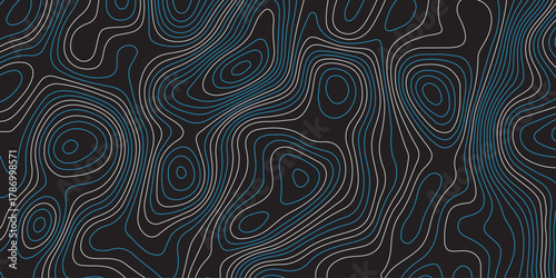 Abstract topographic map pattern with smooth contour lines in dark tones. Modern digital background design with wavy geographic curves, stylish elevation texture for creative projects.