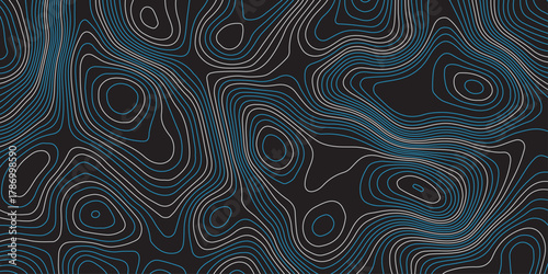 Abstract topographic map pattern with smooth contour lines in dark tones. Modern digital background design with wavy geographic curves, stylish elevation texture for creative projects.