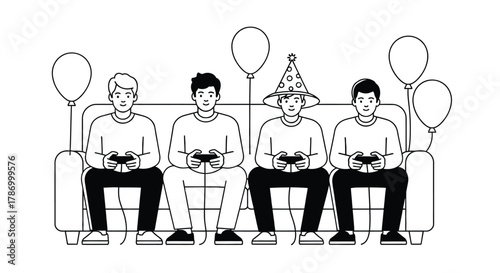 Group of friends playing video games on couch at party illustration