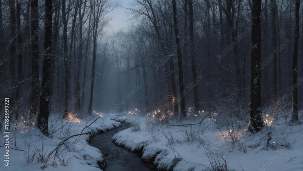 Fototapeta premium Enchanting Winter Forest Path with a Winding Stream and Soft Snowfall.