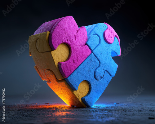 Heart shaped puzzle made of colorful pieces, including pink, blue, and yellow, is illuminated dramatically against dark background, symbolizing unity and love