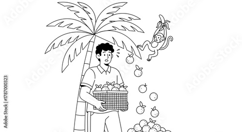 Illustration of man with oranges and monkey stealing banana tree