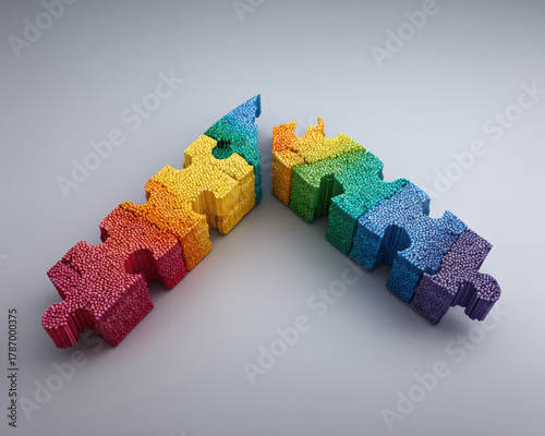 Colorful puzzle pieces with gradient from red to blue are separated on gray background, symbolizing diversity and connection. pieces are textured with small beads, adding tactile element