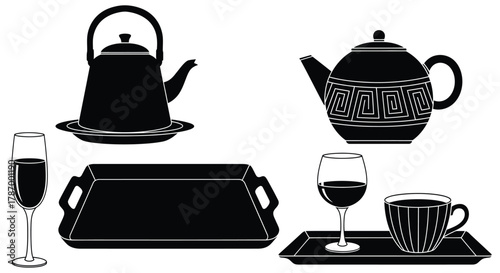 Black and white tea set illustration with teapot cup and tray art