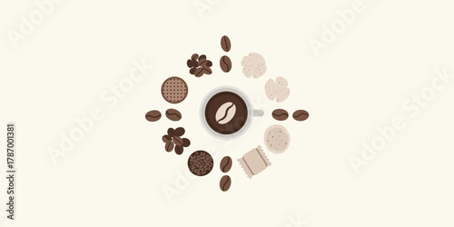 Flat design illustration of coffee's journey a warm cup surrounded by beans, flowers, and leaves, representing its transformation from plant to delicious drink