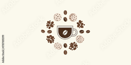 Coffee cup illustration with coffee beans and cookies around in a circular composition, coffee break concept