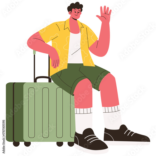 Travel Illustration. Vector illustration of Smiling man sitting on rolling suitcase and waving, ready to start his holiday trip or return home. Isolated on background