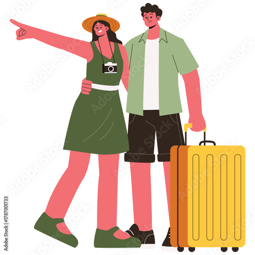 Travel Illustration. Vector illustration of Smiling couple with suitcase, woman pointing ahead while exploring new travel destination together. Isolated on background