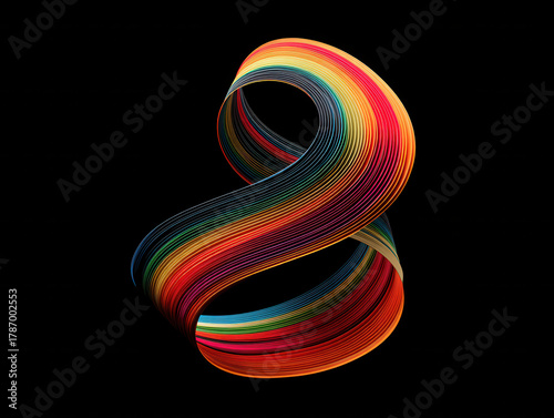 Vibrant, abstract 3D ribbon with rainbow gradient twists gracefully against black background, creating sense of fluidity and motion. colorful design is visually striking and dynamic
