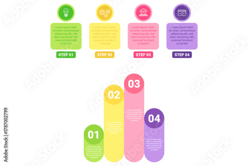 Infographic set presenting clear step-by-step process, featuring colorful icons and text boxes summarizing each step in engaging way