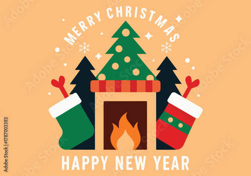 Festive christmas and new year illustration featuring a cozy fireplace, decorated tree, and stockings filled with treats