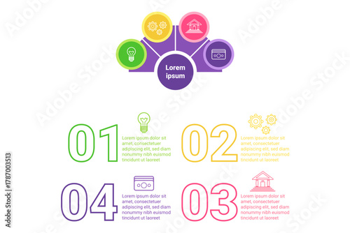 Infographic with colorful arrangement of icons and numbered sections showcasing various topics and information in clear and organized manner, ideal for learning and presentations