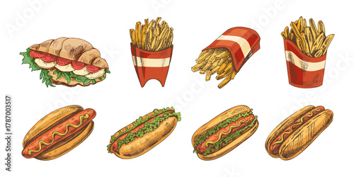 Hand drawn vintage fast food set with croissant sandwich, french fries and hot dogs with lettuce and ketchup, isolated vector illustration
