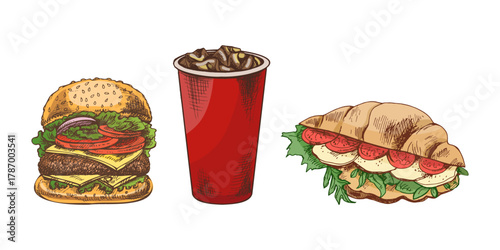 Hand drawn vintage fast food composition with burger, soda cup and croissant sandwich with lettuce and tomato, isolated vector illustration