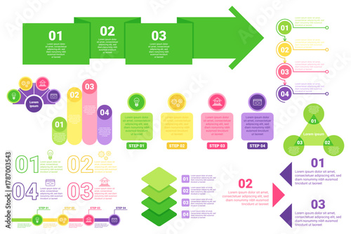 Infographic set illustrating multiple steps in process using vibrant colors and distinct shapes. Each section providing clear instructions with numbers and informative text