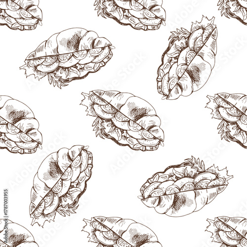 Hand drawn vintage seamless pattern of croissant sandwiches with tomato, cheese and lettuce in monochrome style, isolated vector illustration