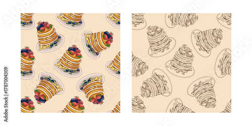 Hand drawn vintage seamless pattern set of pancakes with berries and honey in color and monochrome sketch style