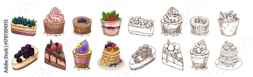 Hand drawn vintage dessert set with pancakes, cheesecakes, cupcakes and parfaits in color and monochrome version, isolated vector illustration
