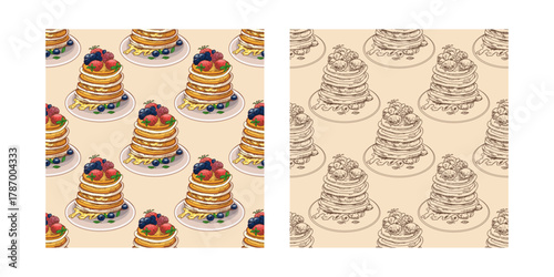 Hand drawn vintage seamless pattern set of pancakes with berries and honey in color and monochrome sketch style