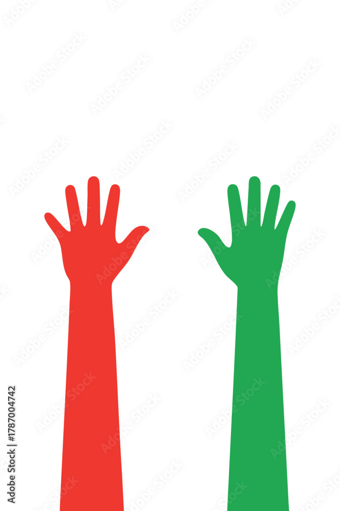 Obraz premium Contrasting Red And Green Raised Hands