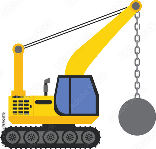Wrecking Ball and Crane Vector Illustration, Demolition Machine Graphic, Flat Design Construction Equipment Icon