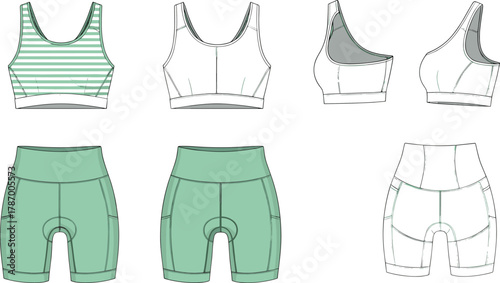 Activewear technical flat sketch of women’s sports bra and cycling shorts, front back side views, seamless pattern design, fashion vector template, apparel illustration, white background