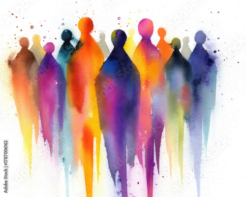 Vibrant watercolor painting depicts abstract silhouettes of people various colors, creating sense of unity and diversity. fluid brushstrokes and blending of hues evoke feeling of harmony