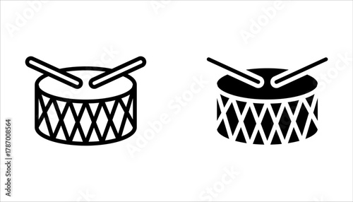 Set of drum icons. Drum sticks symbol, music. Hitting drum music icon on white background
