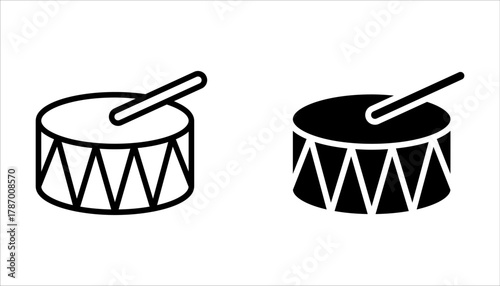 Set of drum icons. Drum sticks symbol, music. Hitting drum music icon on white background