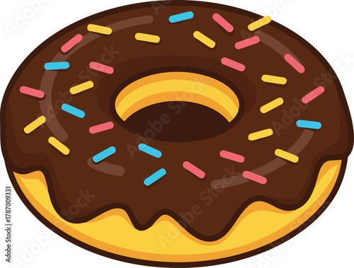 Cartoon chocolate donut with colorful sprinkles isolated vector