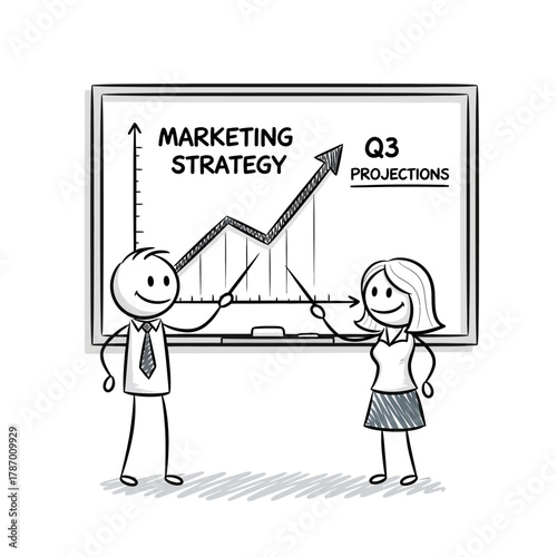 Two smiling stick figure business colleagues present a successful marketing strategy and Q3 projections on a whiteboard, illustrating growth and teamwork.