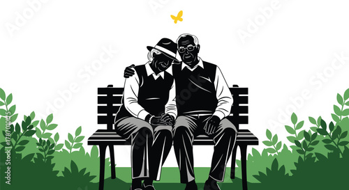 Elderly couple sitting on bench enjoying retirement lifestyle art