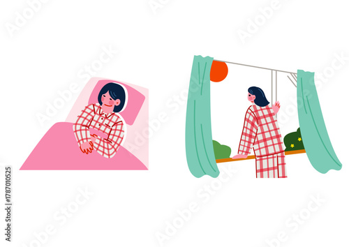 夜眠りにつき朝気持ち六起きるパジャマ姿の女性