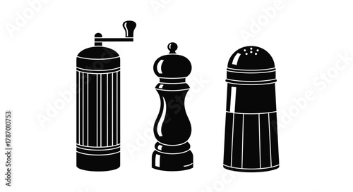 Black and white illustration of salt pepper mill and shaker set