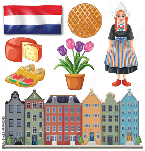 Traditional Dutch Symbols and Amsterdam Canal Houses Vector Set