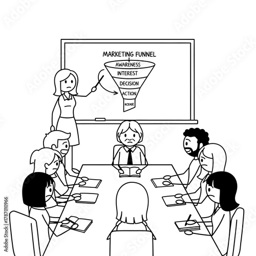 A female presenter describes the stages of a marketing funnel to a diverse group of business professionals gathered around a conference table during a meeting.