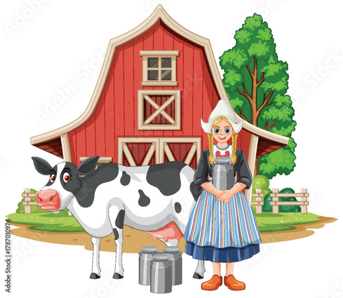 Dutch Milkmaid with Cow in Front of Red Barn