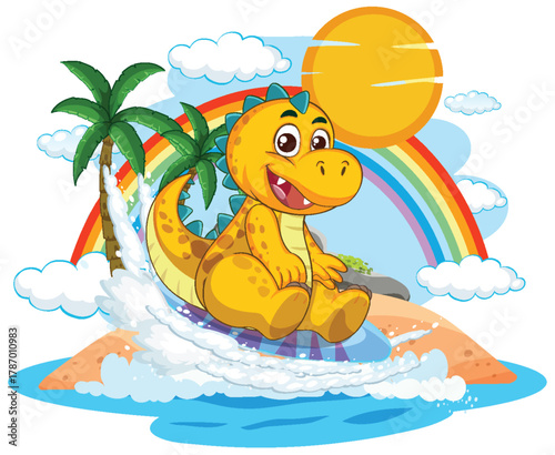 Cheerful Dinosaur Surfing Under a Rainbow