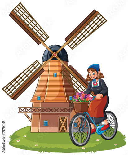 Dutch Woman Riding Bicycle with Flowers Near Windmill