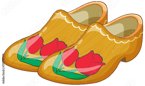 Traditional Dutch Wooden Clogs with Red Tulip Decoration