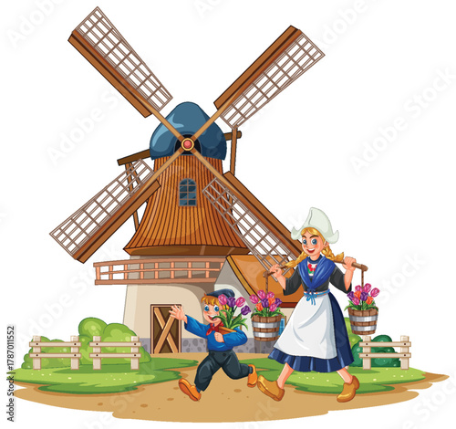 Dutch Children Carrying Flowers Near Traditional Windmill
