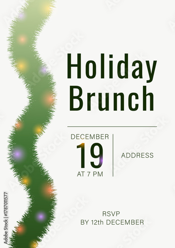 Holiday brunch template invitation. Fir tree garland with lights on white background. Vector layout for restaurant and hotel events, social media postings.