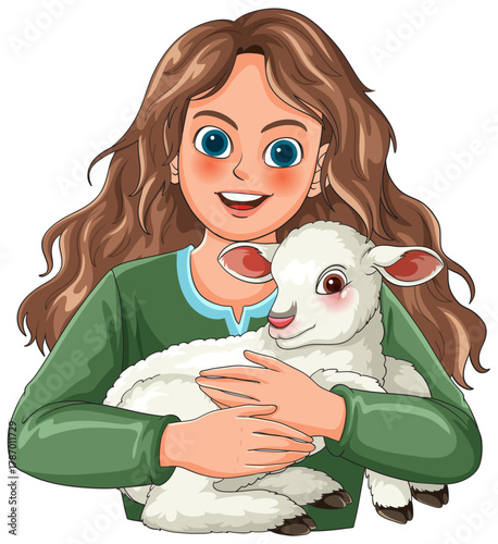 Smiling Girl Holding a Lamb in Her Arms
