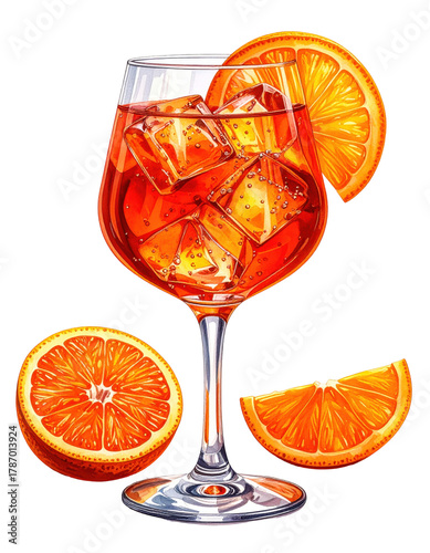 An elegant italian cynar spritz with its distinctive dark color and effervescent bubbles in a stemmed glass, isolated on white background