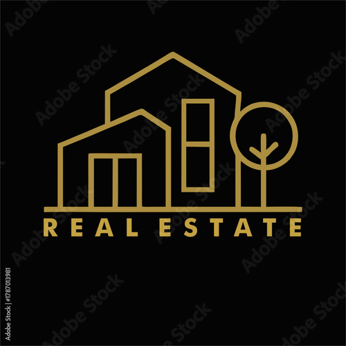 Elegant minimalist line art logo of a modern house in gold color. The design features clean geometric lines that reflect luxury, simplicity,modern architectural aesthetics perfect for real  estate.eps